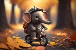 Little Elephant Cycling in the Autumn Woods with Falling Leaves photo