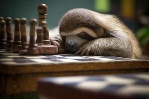 Tired and exhausted sloth fell asleep on the chess board photo
