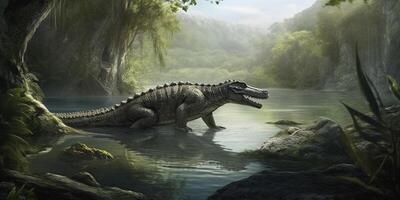 Ancient Beasts Unleashed Realistic Illustration of a Sarchosuchus Roaming a Pristine Prehistoric Landscape photo