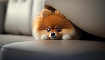 acogedor pomeranio cachorro tomando un relajante sofá siesta ai generado foto