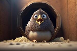 Chubby little chicken sitting outside the coop door chirping photo