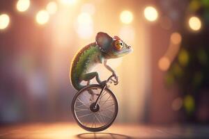 el gracioso camaleón montando un monociclo en un circo actuación ai generado foto