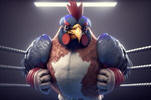 The Featherweight Champion A muscular rooster in boxing gear ready to fight in the ring photo