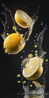 limones muy bajo dentro agua un chapoteo de frescura ai generado foto