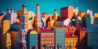 Colorful Cartoon-Style Russian Town with Cozy Houses and Onion-Shaped Towers photo