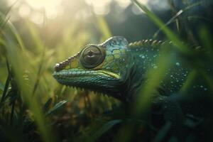 Camouflaged Chameleon Relaxing in Green Grass photo