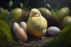 Adorable little chicken chicks with Easter eggs in a basket photo