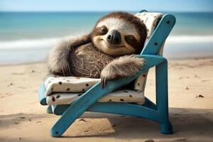 Exhausted and happy sloth lies in a deck chair on vacation photo