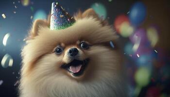 Pomeranian Pup Parties Hardy in Hat on Festive Occasion photo