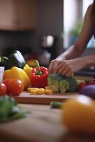 Bright Kitchen with Wooden Countertop, Abundant Fruits and Vegetables, and Blurry Chef in the Background photo