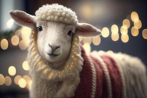 Festive and Adorable Little Sheep in a Christmas Scene photo