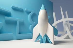 Symbolic 3D Rendering of White Rocket Model against Blue Background for Startup Concepts photo