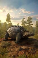 Guardian of the Prehistoric Realm A Realistic Illustration Showcasing the Mighty Ankylosaurus in a Mesmerizing Prehistoric Landscape photo