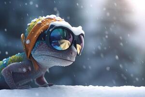 relajarse en el nieve frio fotorrealista dibujos animados camaleón con nieve gafas de protección ai generado foto
