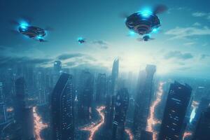 Skybound AI Drone Networks in a Future Metropolis photo