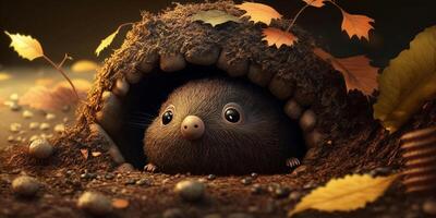 Curious mole peeks out of his burrow surrounded by autumn leaves photo