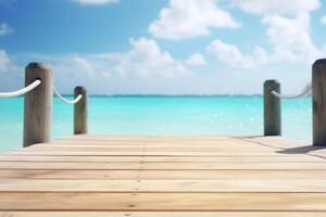 Scenic View of Wooden Pier Leading to Azure Blue Sea and Blue Sky with Clouds photo
