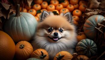 otoño celebracion adorable pomeranio perro entre calabazas y cosecha decoraciones ai generado foto