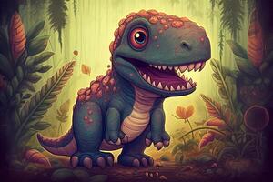 el divertidísimo aventuras de el poderoso tiranosaurio rex en un vistoso cómic mundo ai generado foto