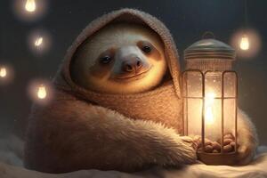 happy and tired sloth peacefully sleeps evening next to a lantern photo