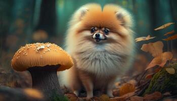 Curious Pomeranian Dog Sniffs Mushroom in the Forest photo