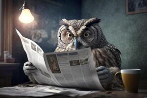 Wise owl catches up on current events by reading the newspaper photo