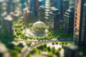 Green metropolis of the future High-tech city with lush vegetation and clear skies photo