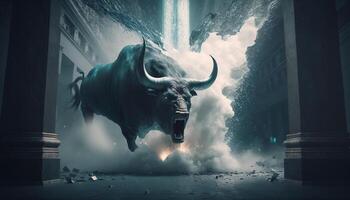 tempestuoso choque un místico imagen de un furioso toro durante un valores mercado choque ai generado foto