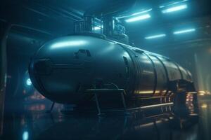 Futuristic Submarine in Underwater Hangar with Blue Light Effects photo