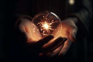 Illuminated hand holding a glass sphere photo