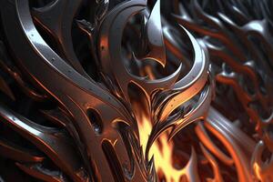 Abstract 3D illustration of metallic objects in flames with reflection photo