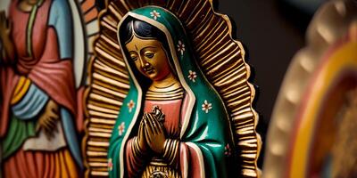 devoción a el Virgen de guadalupe sagrado de madera figura para el mexicano fiesta ai generado foto