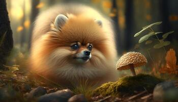 Curious Pomeranian Dog Sniffs Mushroom in the Forest photo