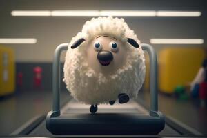 Adorable Little Sheep Exercising on Treadmill at the Gym photo