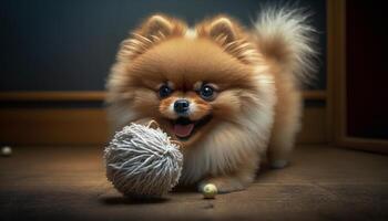 adorable pomeranio perro jugando con un juguete pelota ai generado foto