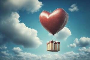 Beautiful red air balloon heart shape against blue sky. Romantic trip on Valentine's Day. Illustration photo