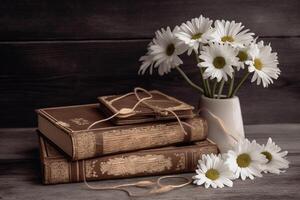 de la madre día regalo floral arreglo con tarjeta en de madera mesa en sepia tono ai generado foto