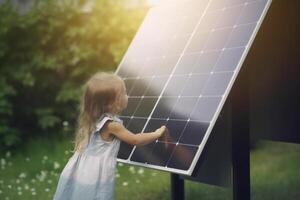 pequeño niño en pie por solar panel con verde bokeh antecedentes y Dom rayos ai generado foto