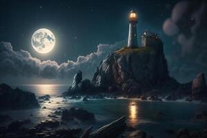 ilustración de un faro en el costa a noche con Luna y reflexión ai generado foto