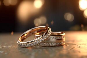 eterno promesa dos Boda anillos en calentar luz de sol ai generado foto