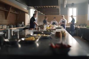 Behind the Scenes Busy Kitchen Staff Preparing Food in Restaurant or Hotel Kitchen photo