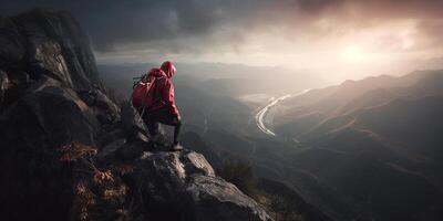 escalada el majestuoso alturas un escalador aventuras en medio de imponente nubes y montañas ai generado foto