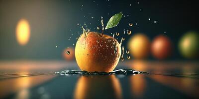 un manzana que cae dentro agua - digital ilustración presentando un soltero Fruta ai generado foto