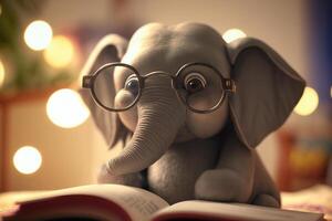 el ratón de biblioteca elefante un linda pequeño elefante leyendo un libro con lentes ai generado foto