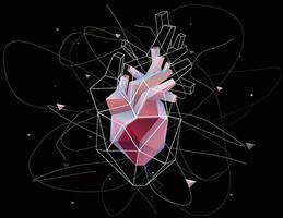 3D illustration of a human heart presented in geometric shapes consisting of white lines scattered around its periphery. vector