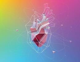 3D illustration of a human heart presented in geometric shapes consisting of white lines scattered around its periphery. vector