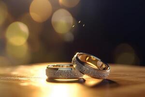 eterno promesa dos Boda anillos en calentar luz de sol ai generado foto