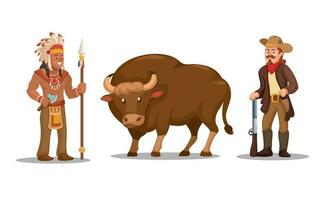 Cowboy and Indian with Bison animal. American Ancient History Character Symbol Set Cartoon illustration Vector