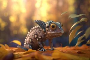 Colorful chameleon enjoying autumn foliage in the park photo