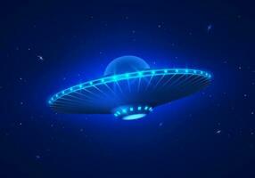 UFO in dark blue night sky. Vector illustration